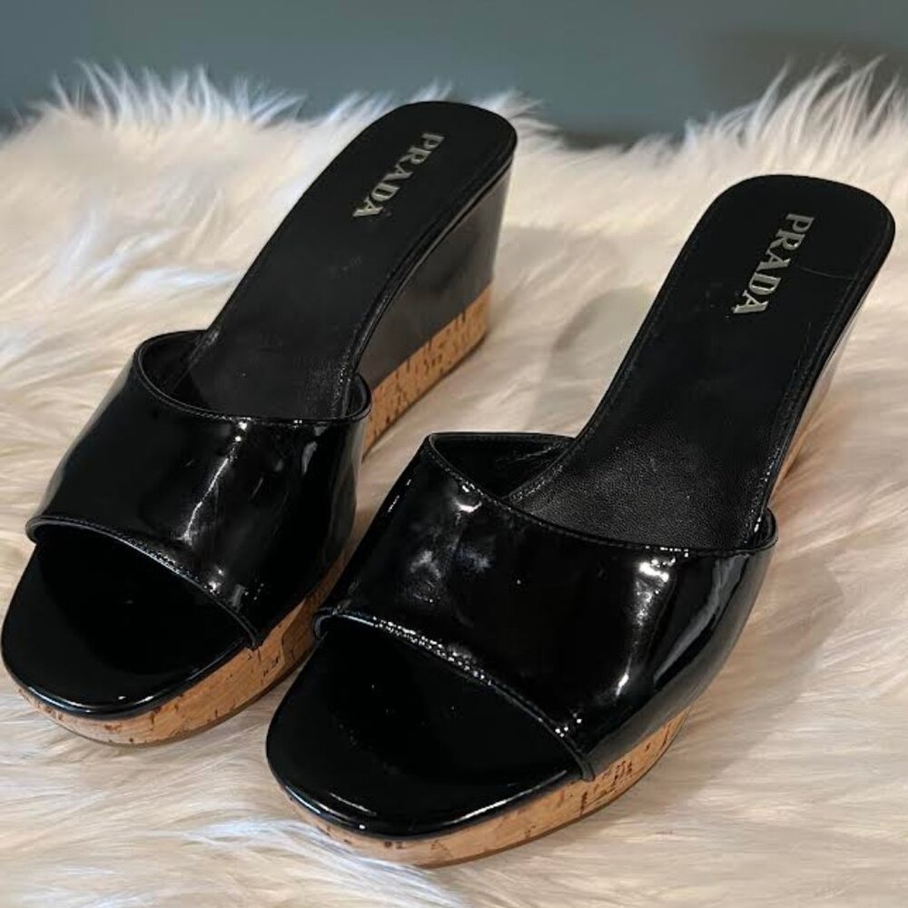 Prada Black Patent Leather and Cork Wedge Slides / Size 7